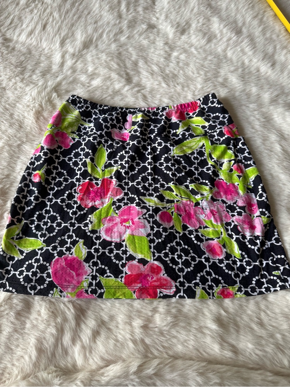 IBKUL Black A-Line Skirt with Pink Floral & Green Leaves